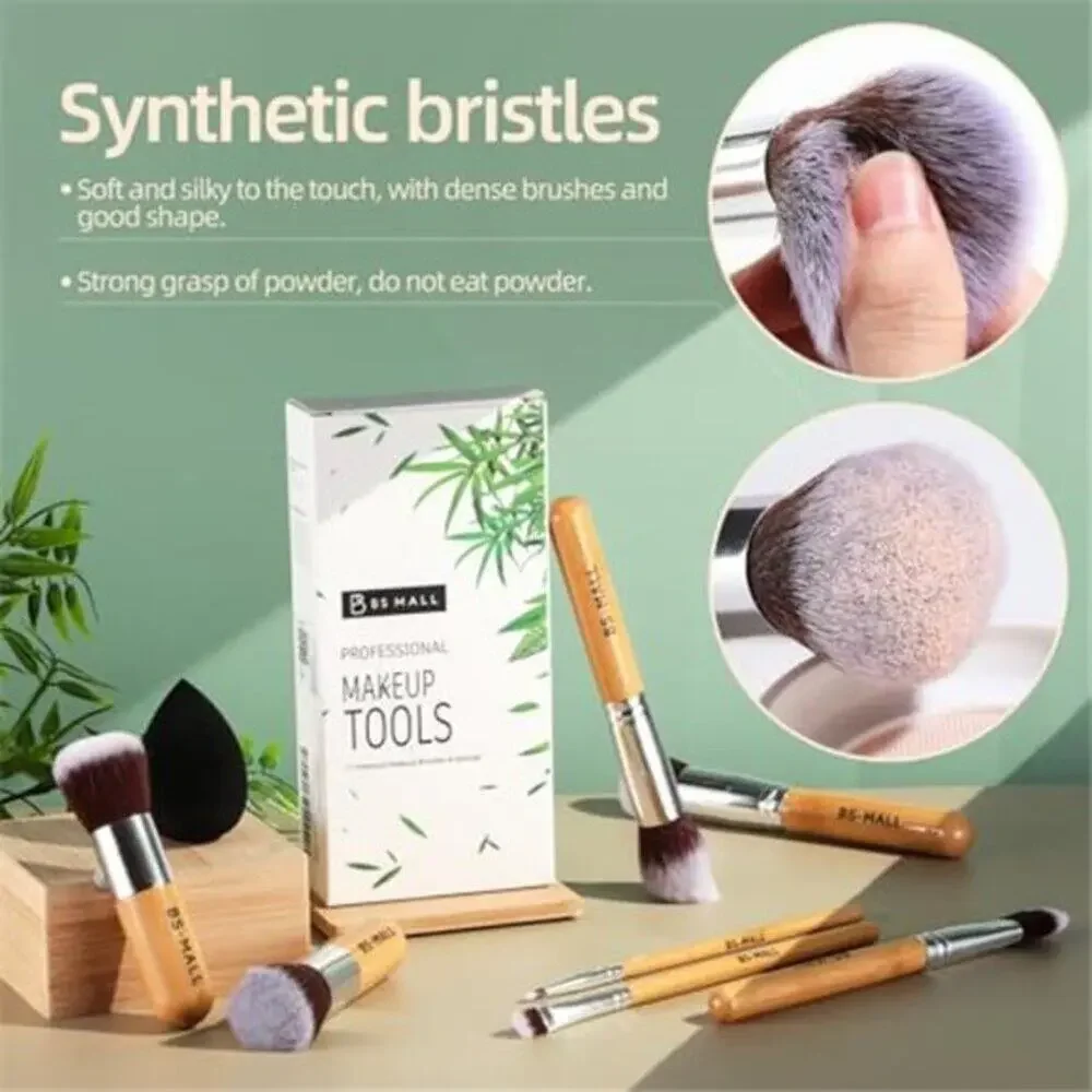 Small Makeup Brush Set 11Pcs Bamboo Synthetic Kabuki Brush Set